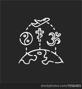 Religious tourism chalk white icon on black background. Spiritual journey, pilgrimage. Exploring worlds religions. Taoism, christianity and hinduism signs isolated vector chalkboard illustration. Religious tourism chalk white icon on black backgrounds