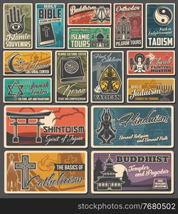 Religious vector vintage banners. Islam, buddhism and christianity, shintoism, catholicism and hinduism with judaism retro cards with world religion symbols. Islamic Koran, Bible, temple or church. Religious vector banners with religion symbols