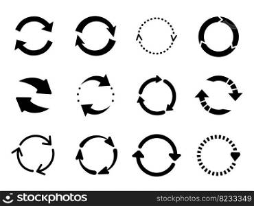 Reload arrows black icons. Circular arrow, isolated loop or round spin signs. Environment and recycle, reset repeat and upgrade pictogram decent vector set of arrow black, refresh circle illustration. Reload arrows black icons. Circular arrow, isolated loop or round spin signs. Environment and recycle, reset repeat and upgrade pictogram decent vector set