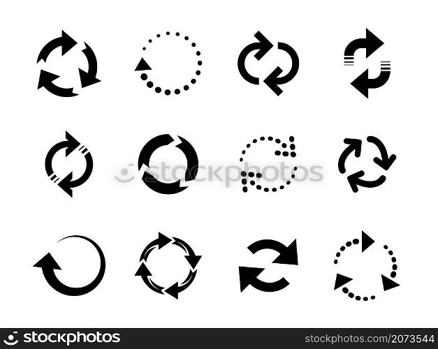 Reload arrows. Circle arrow, connect or recycle digital icons. Connection restart symbols, isolated rotate round group recent vector collection. Recycle refresh and reload arrow illustration. Reload arrows. Circle arrow, connect or recycle digital icons. Connection restart symbols, isolated rotate round group recent vector collection