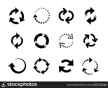 Reload arrows. Circle arrow, connect or recycle digital icons. Connection restart symbols, isolated rotate round group recent vector collection. Recycle refresh and reload arrow illustration. Reload arrows. Circle arrow, connect or recycle digital icons. Connection restart symbols, isolated rotate round group recent vector collection