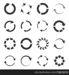 Reload arrows combinations. Rotating looping shapes. Black silhouette download symbols. Isolated round refresh and connected signs set. Motion objects group. Vector simple graphic circular pictograms. Reload arrows combinations. Rotating looping shapes. Black silhouette download symbols. Round refresh and connected signs set. Motion objects group. Vector graphic circular pictograms