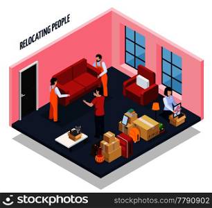 Relocating people isometric composition with loaders carrying sofa from apartment, stacked home stuffs in boxes vector illustration. Relocating People Isometric Composition