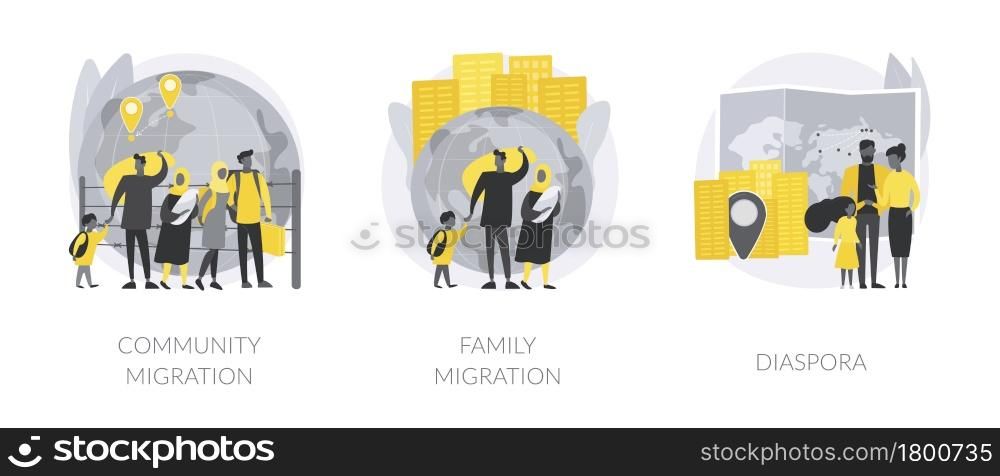 Relocation abstract concept vector illustration set. Community migration, family movement abroad, jewish diaspora, refugee group, travel with kids, immigration program abstract metaphor.. Relocation abstract concept vector illustrations.