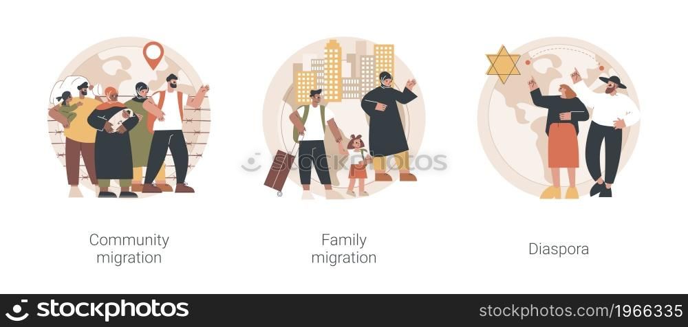Relocation abstract concept vector illustration set. Community migration, family movement abroad, jewish diaspora, refugee group, travel with kids, immigration program abstract metaphor.. Relocation abstract concept vector illustrations.