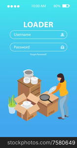 Relocation and moving background with mobile application symbols isometric vector illustration