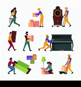 Relocation family. Happy people moving modern furniture couple going in new house garish vector flat persons. Illustration of relocation family in new house. Relocation family. Happy people moving modern furniture couple going in new house garish vector flat persons