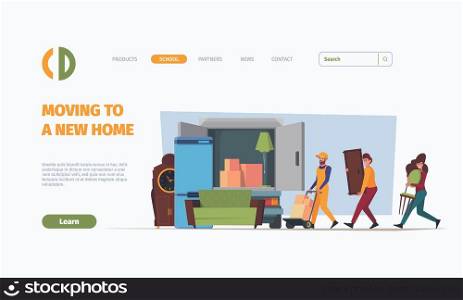 Relocation landing. Furniture transportation to new house people with cardboard packages garish vector web page template. Illustration of relocation house service website. Relocation landing. Furniture transportation to new house people with cardboard packages garish vector web page template