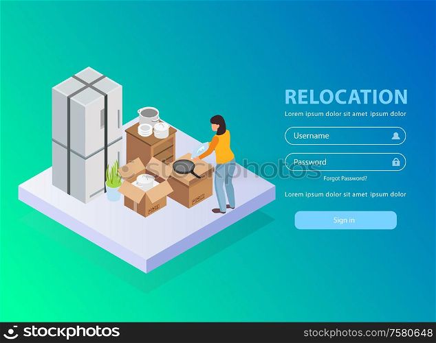Relocation service application background with username and password isometric vector illustration