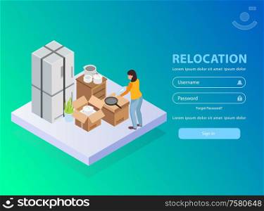 Relocation service application background with username and password isometric vector illustration