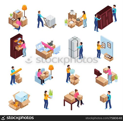 Relocation service icons set with packing symbols isometric isolated vector illustration