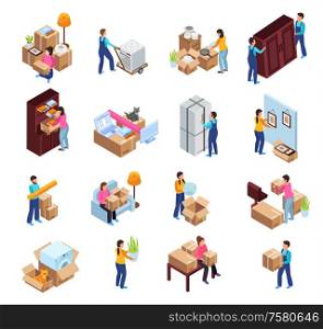 Relocation service icons set with packing symbols isometric isolated vector illustration