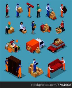 Relocation service isometric icons with clients and loaders, packages, furniture, vehicles isolated on blue background vector illustration. Relocation Service Isometric Icons