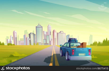 Relocation to another city, wagon truck with freight in open trunk rear view moving by two-lane road with grass on roadside to modern megapolis with skyscraper buildings, Cartoon vector illustration. Relocation to another city, truck with freight