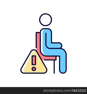 Remain seated RGB color manual label icon. Standing may lead to injuries and discomfort during experience. Isolated vector illustration. Simple filled line drawing for product use instructions. Remain seated RGB color manual label icon