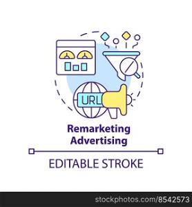 Remarketing advertising concept icon. Type of digital ads abstract idea thin line illustration. Refresh brand awareness. Isolated outline drawing. Editable stroke. Arial, Myriad Pro-Bold fonts used. Remarketing advertising concept icon