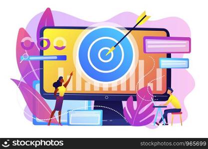 Remarketing manager and specialist put targeted ads. Remarketing strategy, digital marketing tool, visitors generation methodology concept. Bright vibrant violet vector isolated illustration. Remarketing strategy concept vector illustration.