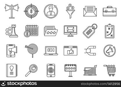 Remarketing strategy icons set. Outline set of remarketing strategy vector icons for web design isolated on white background. Remarketing strategy icons set, outline style