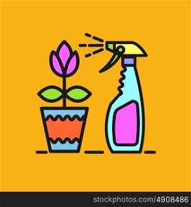 Remedy for pests. Spraying colors. A flower in a pot. Vector icon. Spray.