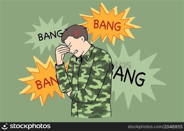 Remembering war and battle concept. Sad stressed soldier standing touching face remembering war fights and weapon battles with bang bang lettering around vector illustration . Remembering war and battle concept