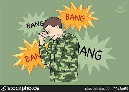 Remembering war and battle concept. Sad stressed soldier standing touching face remembering war fights and weapon battles with bang bang lettering around vector illustration . Remembering war and battle concept