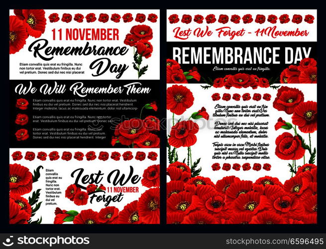 Remembrance Day Lest We Forget banner set for 11 November anniversary celebration. Red poppy flower field with green leaf and floral bunch for World War soldier and veteran memorial card design. Remembrance Day banner with red poppy flower