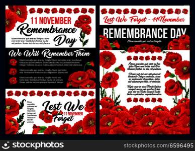 Remembrance Day Lest We Forget banner set for 11 November anniversary celebration. Red poppy flower field with green leaf and floral bunch for World War soldier and veteran memorial card design. Remembrance Day banner with red poppy flower
