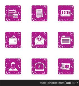Remittance icons set. Grunge set of 9 remittance vector icons for web isolated on white background. Remittance icons set, grunge style