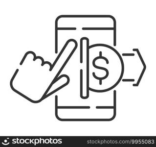 Remitted money icon vector. Transfer money sign in outline style. Smartphone with coin and mobile application. Refund, cashback illustration.. Remitted money icon vector. Transfer money sign in outline style. Smartphone with coin and mobile application. Refund, cashback