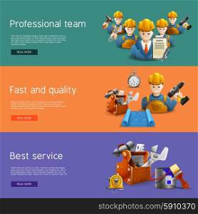 Remodeling construction service flat banners set. Best quality and time professional remolding service team offer isometric horizontal banners set abstract isolated vector illustration