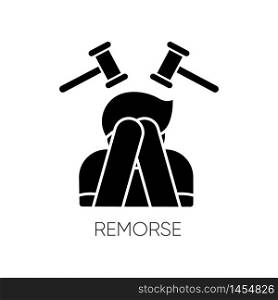 Remorse black glyph icon. Man with regret. Person cover face in shame. Crisis and loneliness. Mental health. Suffering from blame. Silhouette symbol on white space. Vector isolated illustration. Remorse black glyph icon