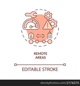 Remote areas red concept icon. Rural electrification obstacles abstract idea thin line illustration. Isolated outline drawing. Editable stroke. Roboto-Medium, Myriad Pro-Bold fonts used. Remote areas red concept icon