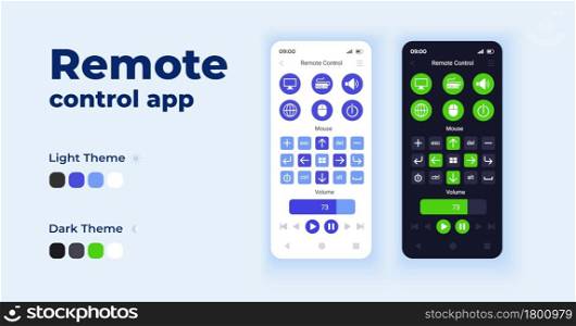 Remote control app cartoon smartphone interface vector templates set. Mobile app screen page day and dark mode design. Wirelessly control UI for application. Real time transmission. Phone display. Remote control app cartoon smartphone interface vector templates set