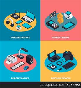 Remote Control Design Concept. Isometric wireless mobile devices design concept with compositions of computer equipment and gadgets on round surface vector illustration