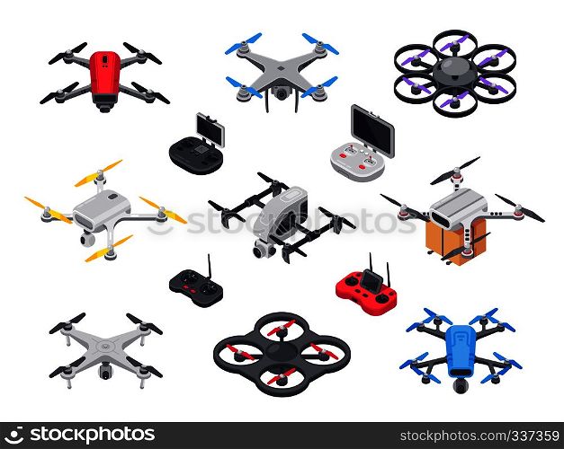 Remote control flying copter with camera. Radio controllers for rotor drone. Unmanned aircraft drones isolated 3d isometric vector set. Remote control flying copter with camera. Radio controllers for