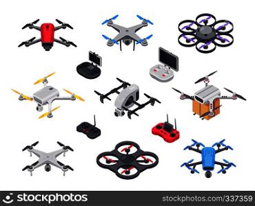 Remote control flying copter with camera. Radio controllers for rotor drone. Unmanned aircraft drones isolated 3d isometric vector set. Remote control flying copter with camera. Radio controllers for