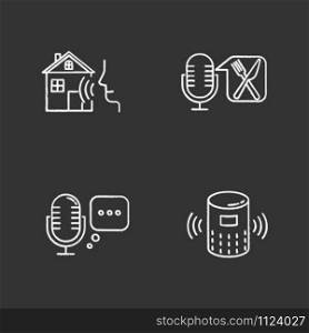 Remote control system chalk icons set. Virtual assistance tools idea. Microphones, speaker. Speech recognition equipment. Smart home technology, food order. Isolated vector chalkboard illustrations