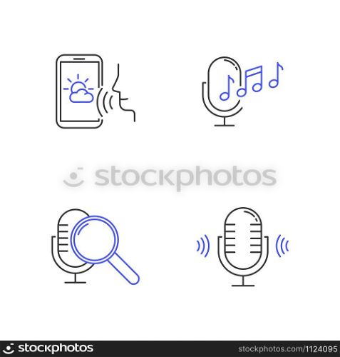 Remote control system linear icons set. Virtual assistance tools. Microphones, speaker. Speech recognition equipment.Thin line contour symbols. Isolated vector outline illustrations. Editable stroke