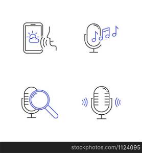 Remote control system linear icons set. Virtual assistance tools. Microphones, speaker. Speech recognition equipment.Thin line contour symbols. Isolated vector outline illustrations. Editable stroke