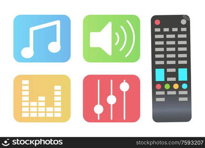 Remote controller for tv controlling vector, settings and music icons set, flat style. Loudspeaker and note sign, infographics and information isolated. Remote Controller and Icons Set Musical Signs