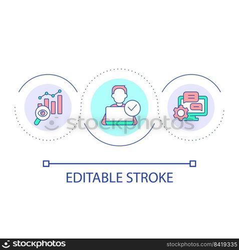 Remote data analysing loop concept icon. Technical support for users. Virtual workplace abstract idea thin line illustration. Isolated outline drawing. Editable stroke. Arial font used. Remote data analysing loop concept icon