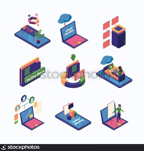 Remote digital folders. Data center business office distance monitoring sharing web services garish vector isometric colored collection. Illustration of storage database, file folder connection. Remote digital folders. Data center business office distance monitoring sharing web services garish vector isometric colored collection
