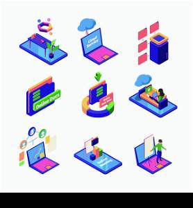 Remote digital folders. Data center business office distance monitoring sharing web services garish vector isometric colored collection. Illustration of storage database, file folder connection. Remote digital folders. Data center business office distance monitoring sharing web services garish vector isometric colored collection