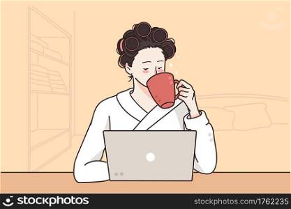 Remote distant work and freelance concept. Young woman in curlers sitting near laptop and home and drinking coffee in comfortable room vector illustration . Remote distant work and freelance concept