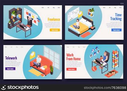 Remote distant work managing concept 4 isometric web banners with freelance teleworking home time tracking vector illustration