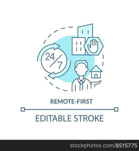 Remote first turquoise concept icon. Work from home preference. Hybrid work model abstract idea thin line illustration. Isolated outline drawing. Editable stroke. Arial, Myriad Pro-Bold fonts used. Remote first turquoise concept icon