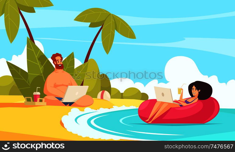 Remote flexible work flat cartoon composition with freelancers couple vacation with laptops on tropical beach vector illustration