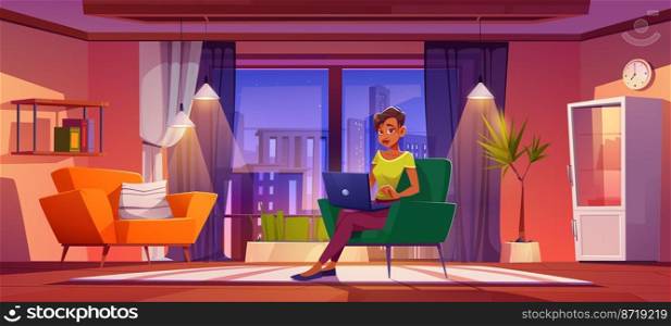 Remote freelance, work from home concept. Woman freelancer sitting in comfortable armchair in apartment working distant on laptop. Outsourced employee female character Cartoon vector illustration. Remote freelance, work from home, woman freelancer