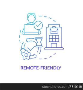 Remote friendly blue gradient concept icon. Combined schedule. Teleworking. Hybrid work model abstract idea thin line illustration. Isolated outline drawing. Myriad Pro-Bold font used. Remote friendly blue gradient concept icon