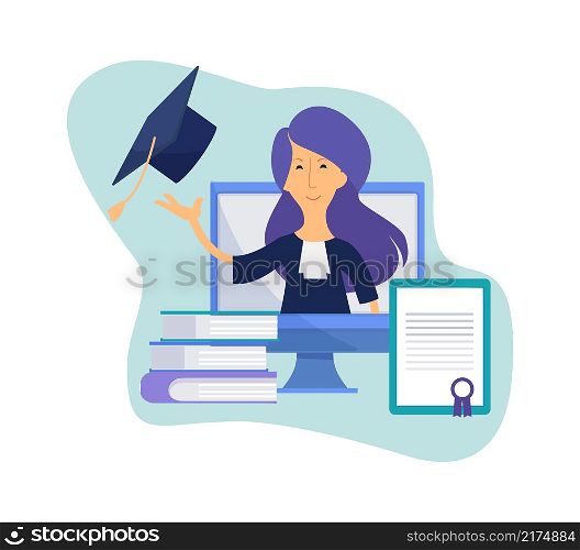 Remote graduation. Girl graduate online courses, study process. Distance school, woman character on screen vector concept. Illustration education training achievement, online e-learning remote. Remote graduation. Girl graduate online courses, modern study process. Distance school finished, flat woman character on screen vector concept
